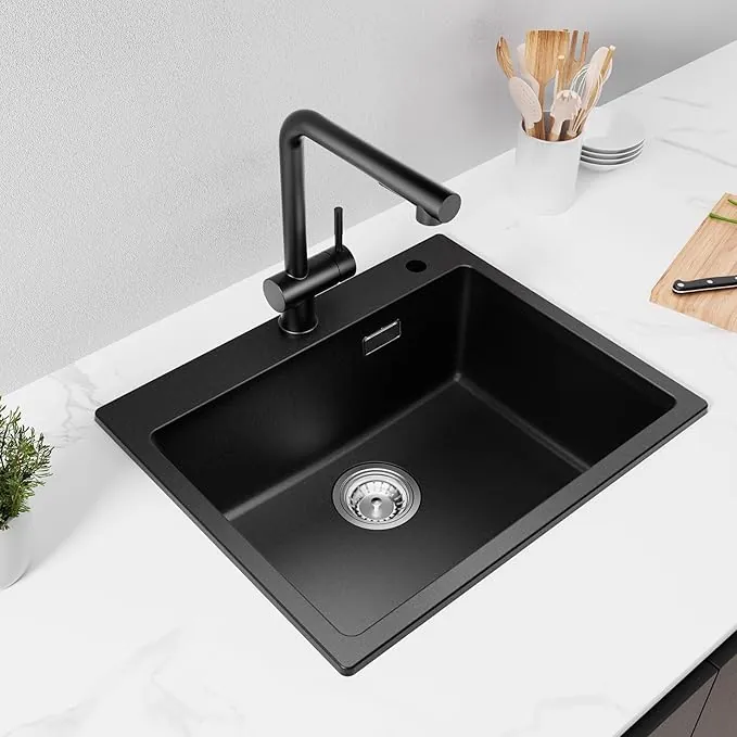 CECIPA Fregadero Cocina Negro 55x45cm, 80% Arena Cuarzo Fregadero de Granito Incl Sifón Y Desagüe Superior