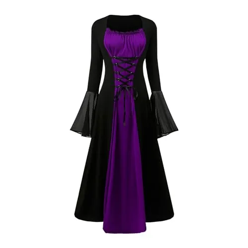 YRTBGD Disfraz renacentista para mujer, vestido medieval con mangas de trompeta, vestido gótico para mujer, ropa medieval para Halloween, carnaval (negro y morado, talla L)