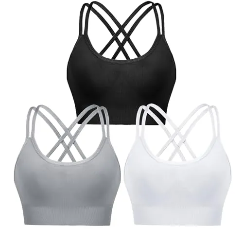 Leversic Sujetador Deportivo Mujer de Yoga Acolchado de Impacto Medio Top Corto con Espalda Cruzada y Tiras para Fitness Gimnasio (Negro+Blanco+Gris, M)