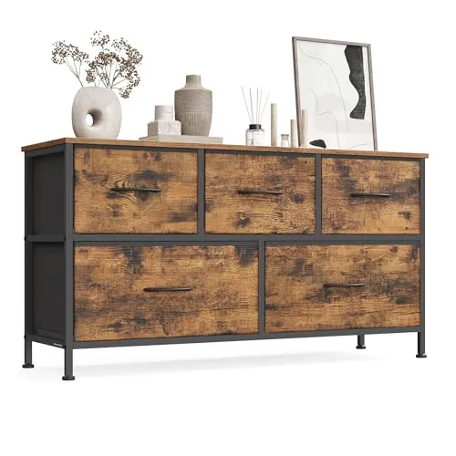 SONGMICS BELLAH Colección - Cómoda, con 5 Cajones para Dormitorio, Mueble de Almacenaje, Acero, MDF, Tela no Tejida, Dormitorio, Armario, Recibidor y Salón, Marrón Vintage y Negro Tinta LGS322BH04