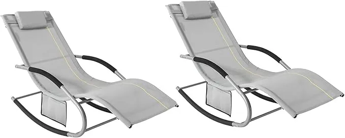 SoBuy Set de 2 Tumbonas de Jardín Reclinables – Sillas Ergonómicas de Exterior con Almohada y Bolsillos Laterales, Tejido Transpirable, 150 kg, para Playa, Terraza, Camping y Piscina OGS28-HGx2