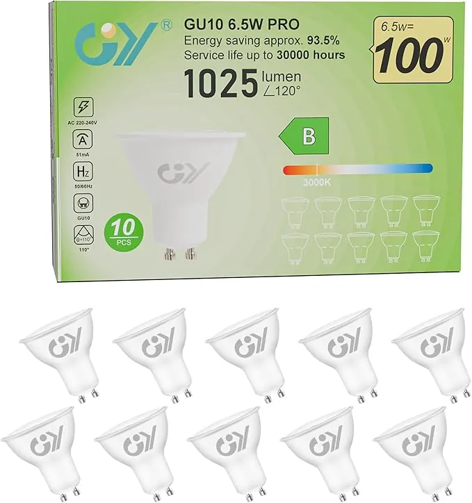 GY Bombilla LED GU10 6.5W (Eq. 100W) 1025LM 6500K Blanco Frío, No Regulable, 110 Grados Ángulo de haz - Bombillas GU10 LED Pack de 10