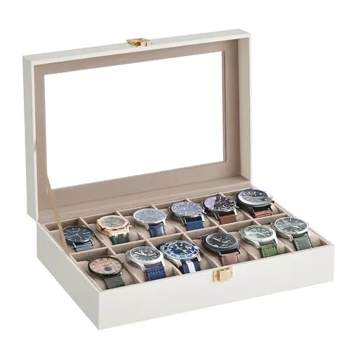 SONGMICS Caja de Relojes con 12 Compartimentos, Tapa de Cristal