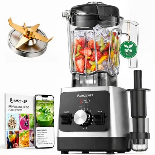 AMZCHEF Batidora de Vaso Profesional 1800 W, Jarra de Tritan de 2 L sin BPA | 25.000 RPM, 9 Velocidades, 5 Programas Automáticos, Función Pulse, 6 Cuchillas de Acero Inoxidable, Pica Hielo y Autolimpieza