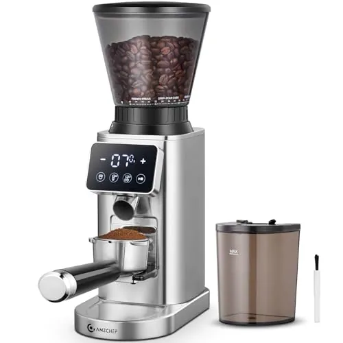 AMZCHEF Molinillo de Café Eléctrico con Soporte Desmontable y Contenedor | Panel Táctil LCD | 24 Regulable de Molido Molinillo de Café con Muelas para Espresso/Drip/Pour Over/Cold Brew/French Press