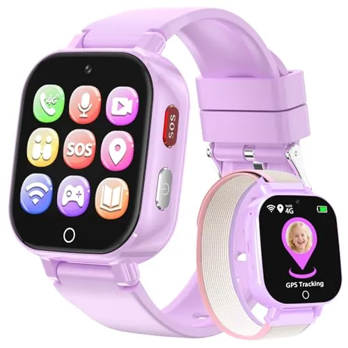 PTHTECHUS 4G Reloj Inteligente Niño con Videollamada, GPS, SOS, Chat de Voz, IP68 Impermeable, Modo Escuela, Podómetro, Despertador, Reloj Infantil Regalo para Niños Niñas de 4 a 12 Años (Lila-8A)