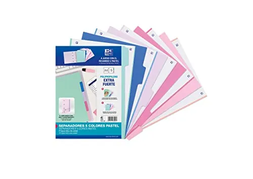 Oxford Strongline, Separadores Archivador 4 anillas A4, Plástico Opaco, 5 Posiciones, 4 Taladros, 5 Colores Pastel