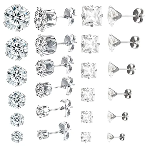SWYZOR 12 Pares Pendientes Hombre, con Circonita Cúbica,Hipoalergénicos para Hombre y Mujer, de Acero de Titanio y Acero Quirúrgico, de 3 a 8 mm (Plata)