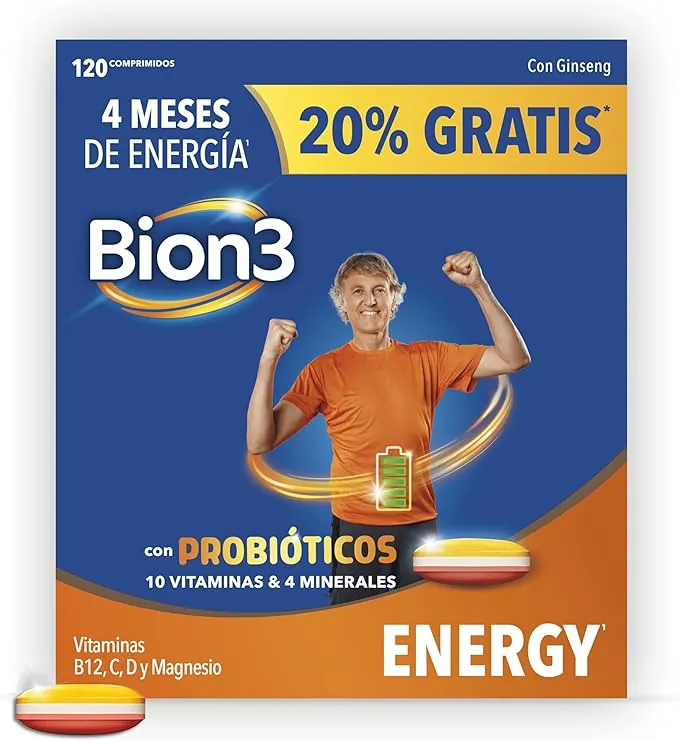 Bion3 Energy Comprimidos Multivitamínicos con Probióticos, Complemento Alimenticio, Reducción de la fatiga¹, Vitamina C, D, Complejo B y Magnesio