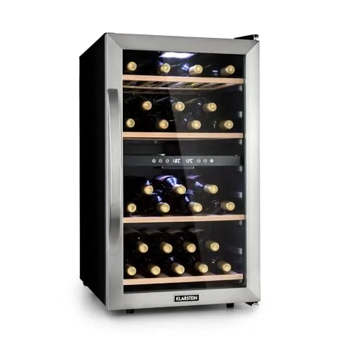 KLARSTEIN Vinoteca, 45 Botellas, Nevera Vinos de Dos Zonas Refrigeración, Nevera Expositora Vino y Cerveza, Vinoteca Interior y Exterior con Puerta de Cristal, Vino con Protección UV, 5-18°C