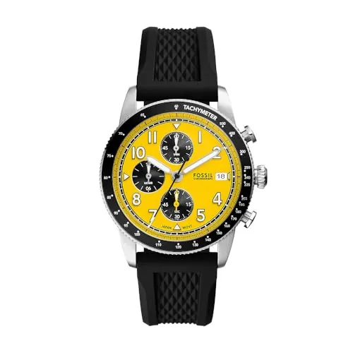 Fossil Reloj Sport Tourer para hombre, Movimiento cronógrafo de cuarzo con correa de acero, piel o silicona, Amarillo, 42 mm