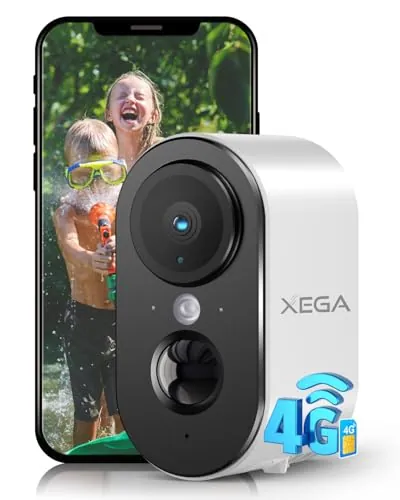 Xega 4G LTE Cámara de Vigilancia con Tarjeta SIM Interior, 2K HD LTE Cámara de Seguridad Portátil sin Wi-Fi, Batería 6000mAh, Detección de Movimiento PIR, Color Visión Nocturna, IP65