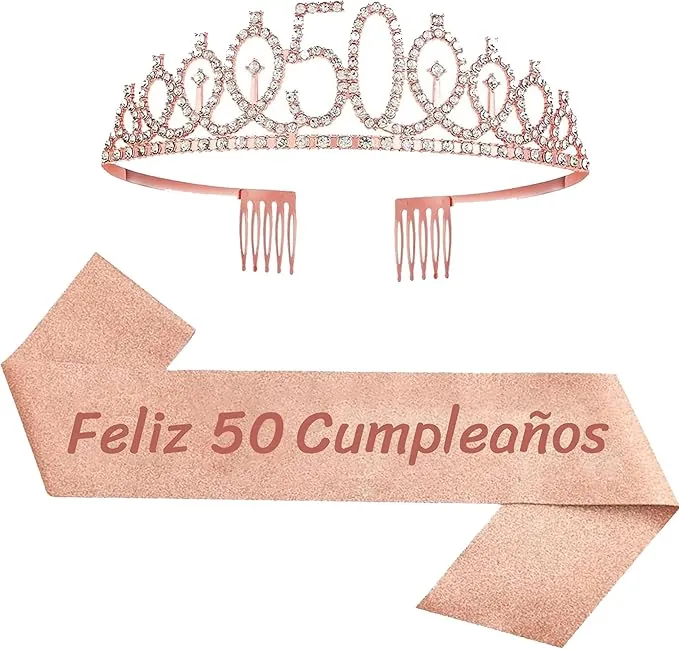 Feliz 50 Cumpleaños Faja de Satén Oro Rosa Feliz Cumpleaños Cumpleaños Sash 50th Diadema Tiara Cristal Cumpleaños Faja Banda de Satén Cumpleaños Sash Decoracíon Regalos para Cumpleaños