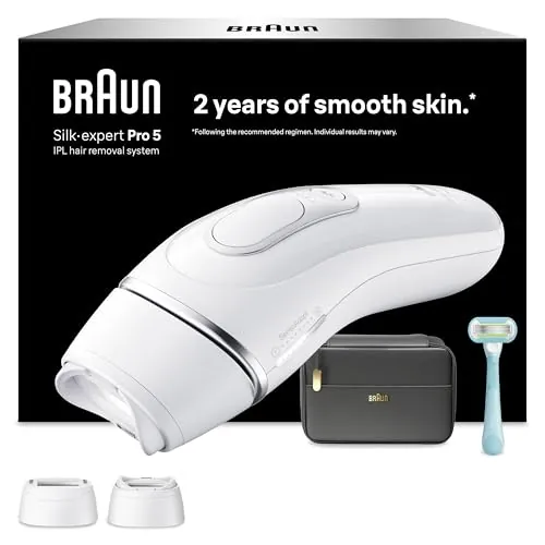 Braun Depiladora Luz Pulsada Silk·expert Pro 5, IPL, Depilación Láser en Casa para Cara Y Cuerpo, Reducción Permanente del Vello, Depiladora Laser con 2 Cabezales, Neceser Y Maquinilla Venus, PL5234