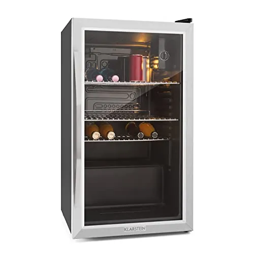 KLARSTEIN Mini Nevera Pequeña con Puerta de Cristal para Habitaciones, 80 L, Frigorifico Portatil Electrico con Estantes para Bebidas