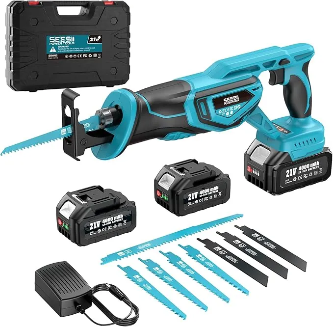 SEESII Sierra Sable, Sierra Alternativa de 2 Baterías 21V 4.0Ah, motor sin escobillas 3300 RPM, 8 cuchillas Para madera, metal, PVC, Obra y Jardín