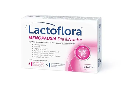 Lactoflora Menopausia Día y Noche, Control de sofocos y sueño, Fórmula con Cimicífuga, Probióticos y Melatonina para menopausia y perimenopausia, 60 cápsulas