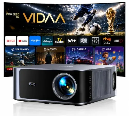Proyector 4K【Alto Brillo 2000ANSI/VIDAA SO más rápido/40W Dolby Audio】Proyector Netflix Incluido TV en Directo, FHD1080P, HDR10, Auto Focus/Keystone, Control por Voz, BT5.4, para Exterior/Cine en Casa