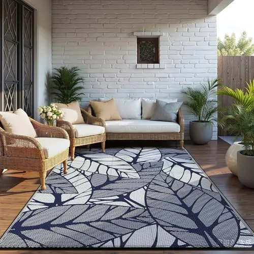 GENIMO Alfombra Exterior Terraza,Impermeable Reversible Plástico, Alfombra Barbacoa Exterior para Jardín, Picnic, Balcón, Azul Blanco, 240 x 300 cm