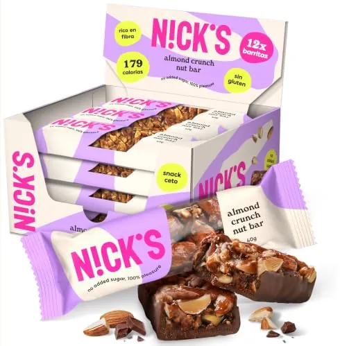NICKS Almond nut bar, barrita vegana de almendras y frutos secos con keto chocolate sin azúcares añadidos, sin gluten (12x40g)