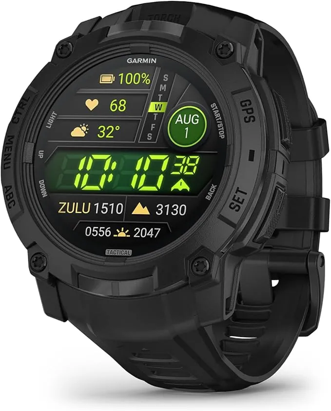 Garmin Instinct 3 Tactical Edition, 50 mm, Reloj Inteligente con GPS Resistente al Agua, Pantalla AMOLED, Funciones Tacticas, Monitorización de la Salud, Linterna LED, hasta 24 días autonomía, Negro