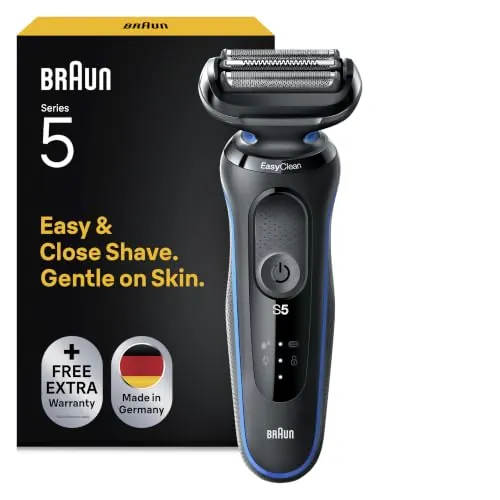 Braun Series 5 Afeitadora Eléctrica Hombre, 51-B1000s, Azul | Máquina de Afeitar Barba con Tecnología Autosense, Resistente al Agua, Recargable, 50 Min de Uso, Inalámbrica