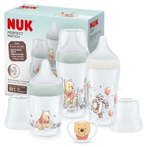 NUK Perfect Match Set de biberones | +0-6 meses | Se adapta al bebé como el pecho de mama | 3 biberones anticólico y chupete Space | Winnie the Pooh de Disney | 4 uds.