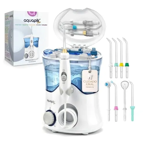 Irrigador Dental Aquapik PRO 600 ml 10 Niveles 8 Boquillas 360° Blanco