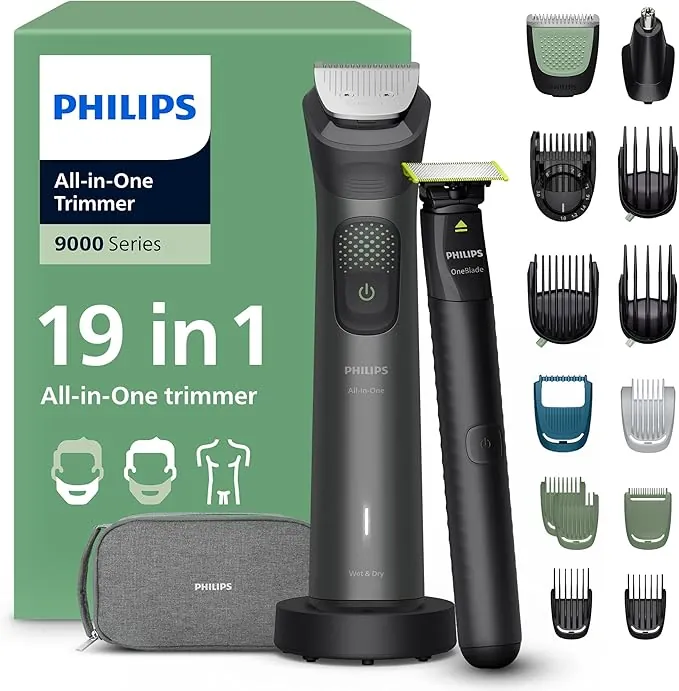 Philips Recortadora todo en uno de 19 en 1 Serie 9000 + OneBlade - Afeitadora y cortapelos hombre para rostro, cabeza y cuerpo, cuchillas de acero autoafilables, 27 longitudes, recargable, MG9956/15