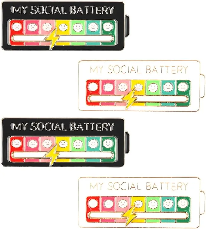 Pin de batería social, 4 unidades My Social Battery Pin, agujas de humor interactivas, divertido broche para el estado de ánimo social durante 7 días (blanco y negro)