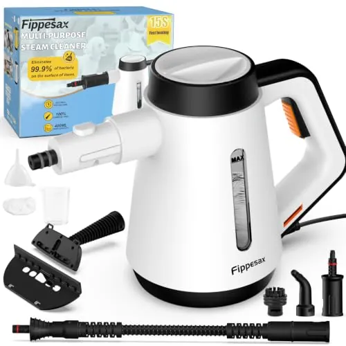 Fippesax Limpiador de vapor portátil 1200W, calor instantáneo 15s, depósito 400ml, 9 accesorios, limpieza sin químicos