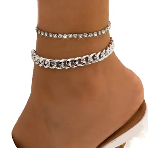 Clataly Tobillera cubana doble capa tobillera de cristal tobillera de playa joyas para mujeres y niñas (Plata)