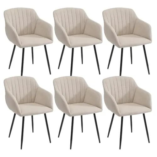 Goeurvant Pack de 6 Sillas de Comedor con Reposabrazos, Sillas Tapizadas de Lino con Patas Metálicas, Modernas Sillón para Salón y Cocina, Beige