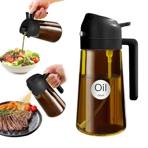 YARRAMATE Dispensador de Aceite de Oliva Juego con Scuro Protezione Dalla Luce, 470ml 2 en 1 Spray de Cocina, Ámbar Pulverizador de Aceite de Calidad Alimentaria para Cocina (Negro)