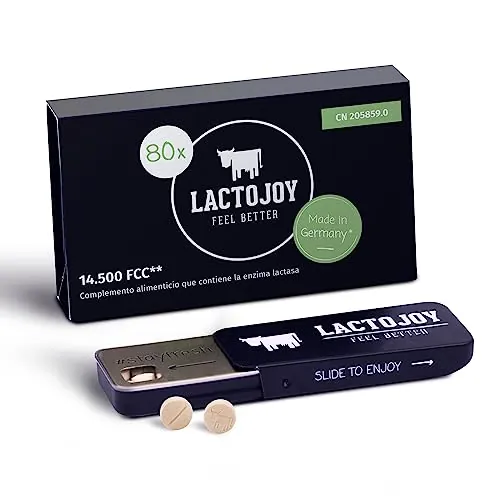 LactoJoy Pastillas de Lactasa 14.500 FCC I Tratamiento de Comprimidos para Intolerancia a la Lactosa I Digestión de la Leche, Queso I Capsulas de Enzimas Digestivas I Vegano I 1 x 80 Caps