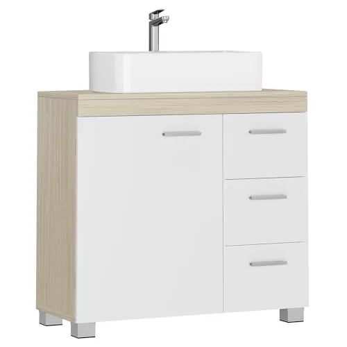 VASAGLE Mueble Bajo Lavabo, Armario de Baño, 3 Cajones, 2 Compartimentos Detrás de la Puerta, Apto para Lavabos con Pedestal, con Pies, 30 x 70 x 64 cm, Blanco Nube y Beige Natural BBK504K01