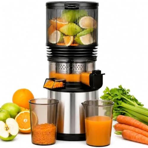 AMZCHEF Extractor de Zumos 158 mm Boca XXL, Licuadora de Prensado en Frío | para Frutas y Verduras, Slow Juicer 2L con Vaso de Pulpa y Vaso de Zumo, Fácil Limpieza, Motor Silencioso, Acero Inoxidable