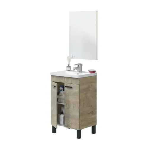 ARKITMOBEL – Mueble de Baño con 2 Puertas y Espejo, Módulo Lavabo con Patas, Color Roble Alaska, 50x80x40 cm – Modelo PM (Lavabo no Incluido)