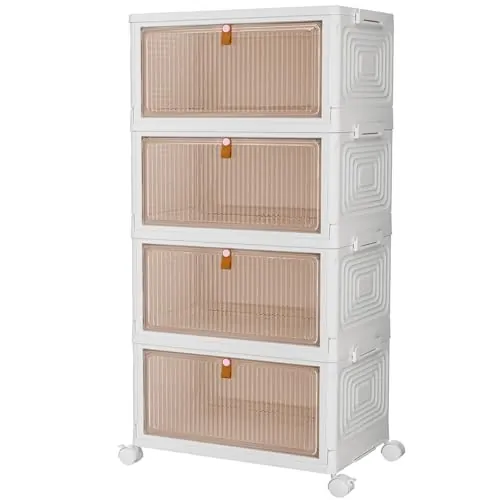 PurKeep Cajas de almacenamiento con tapa, caja de almacenamiento de plástico de 23 pulgadas de largo x 4 niveles con tapa, cajas apilables con ruedas, cajones de almacenamiento con puerta delantera