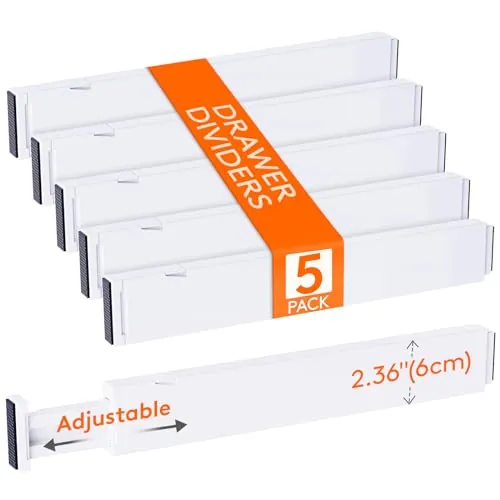 Lifewit Divisores de Cajones de 40-50cm Ajustable, Altura 6cm, Organizador Armario para Ropa/Utensilios/Maquillaje, Blanco Separador para Cocina/Escritorio/Tocador Almacenamiento, 5 Paquetes