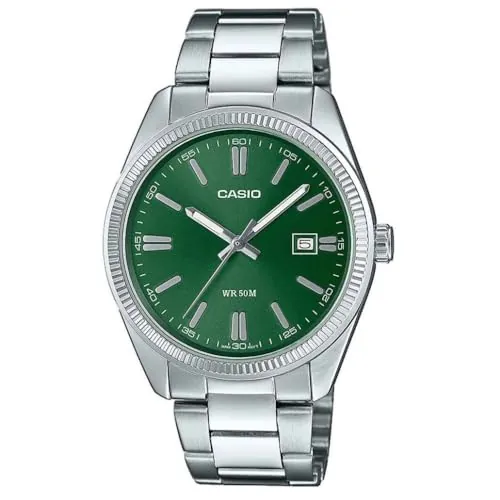 Casio Reloj Cuarzo Unisex 39.00mm con dial Analógico Verde y Correa de Pulsera de Metal Plata MTP-1302PD-3AVEF
