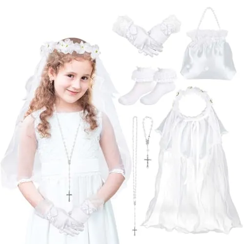 Diadema de Primera Comunión Niña, Corona Flores Velo Collar Pulseras Rosarios de Comunion Guante Blanco Calcetines Satén Bolso Regalos Comunión para Niñas