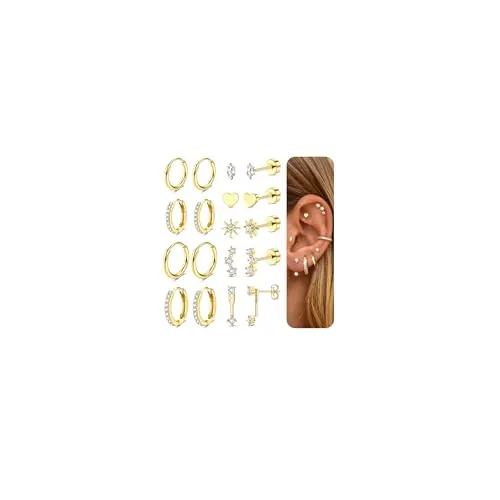 FIOROYAL 9 Pares Pendientes Mujer Oro Plata Hipoalergenicos Pendientes Acero Inoxidable Pequeños Aros 14K Chapado Dorados Piercing Oreja Acero Quirurgico Tragus Helix Cartílago Piercing G1