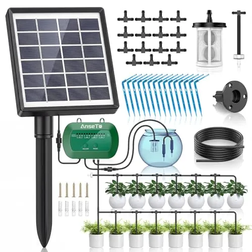 AnseTo Sistema de Riego Solar para Jardín,2023Nuevo Kit Riego por Goteo con 15Micro Cabezales de Goteo,Riego por Goteo Automatico para Vacaciones Terrazas de Balcones Invernaderos Macetas Plantas, 2W