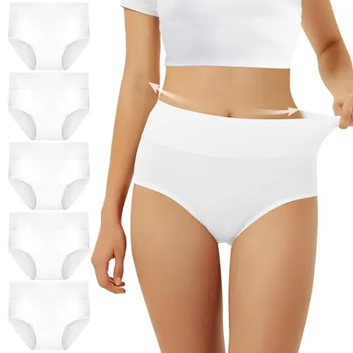 FALARY Bragas Mujer Cintura Alta Algodón 5 Piezas Blanco 2XL