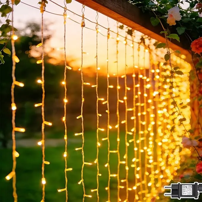2 Piezas Cortina de Luces 6M x 3M 600 LED Guirnalda Luces con Enchufe, 8 Modos y Temporizador, Impermeable Cascada de Luz para Balcon Boda Fiesta Jardín Exterior Decoración - Blanco Cálido