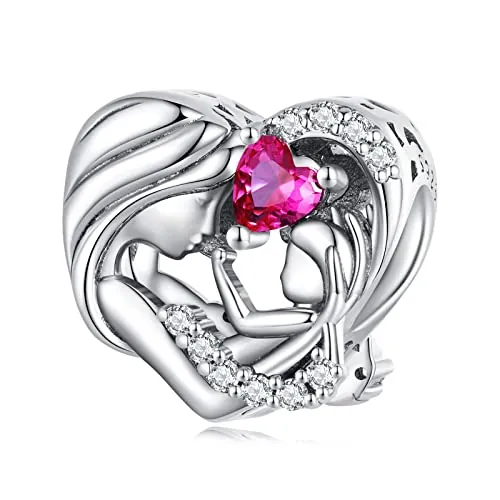 NINGAN Charms en forma de corazón de madre y bebé 925 perlas de polvo brillante de plata esterlina Pulsera adecuada para mujeres
