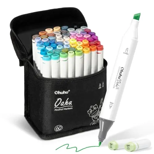 Ohuhu Rotuladores Alcohol 60 Cincel & Fino Set Arte para Dibujo Bocetos