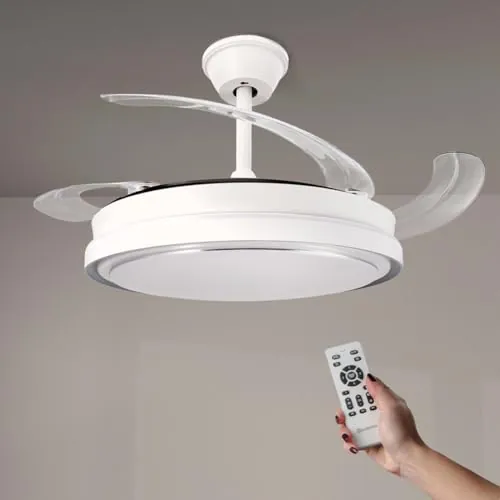 M mimotec Ventilador de Techo White Hood 70W con Luz LED Regulable CCT, Motor DC 30W Bajo Consumo + LED 40W, 6 Velocidades, Silencioso, 4 Aspas Desplegables, Verano/Invierno, Temporizador, Mando