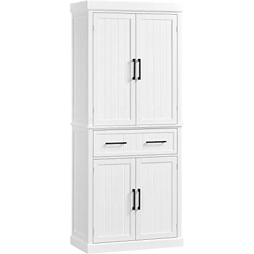 Yaheetech Alacena de Cocina Aparador de Comedor 183.5x76.5x40.5 cm Blanco | Armario Cocina Almacenaje de Madera Armarios Altos con 4 Puertas 1 Cajón y 2 Estantes Ajustables para Comedor Salón y Baño